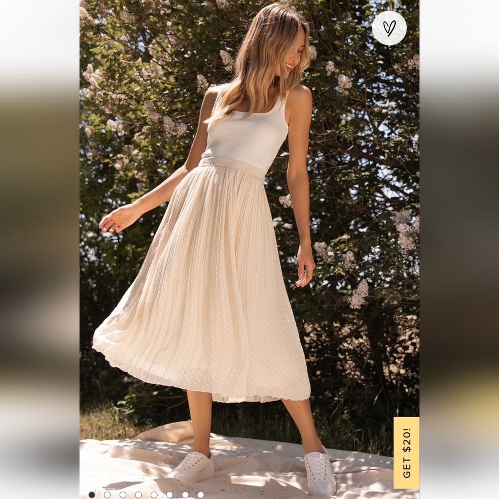 Lulu's You're On My Mind Ivory Pleated Swiss Dot Midi Skirt XS